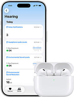 AirPody Pro 3 v MagSafe nabíjecím pouzdře, iPhone 17 Pro, na obrazovce je text v angličtině, v překladu: Sluchový test